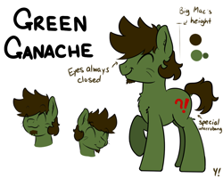 Size: 1000x800 | Tagged: safe, artist:yakoshi, derpibooru import, oc, oc only, oc:green ganache, pony, eyes closed, male, reference sheet, smiling, stallion