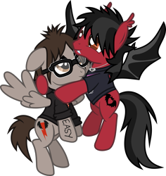 Size: 1619x1712 | Tagged: safe, artist:lightningbolt, derpibooru exclusive, derpibooru import, bat pony, pegasus, pony, .svg available, bat wings, body writing, clandestine industries, clothes, duo, ear fluff, emo, fall out boy, fangs, floppy ears, flying, glasses, hair over one eye, happy, hoodie, hug, jewelry, lidded eyes, long tail, looking at each other, looking up, male, messy tail, mikey way, my chemical romance, necklace, pete wentz, ponified, shirt, shy, simple background, slit eyes, smiling, spread wings, stallion, svg, t-shirt, tattoo, touching, transparent background, vector, wings