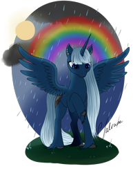 Size: 2700x3500 | Tagged: safe, artist:valravna, derpibooru import, oc, oc only, oc:rainsong, alicorn, alicorn oc, ear piercing, piercing, rain, rainbow, simple background, solo, transparent background, unshorn fetlocks