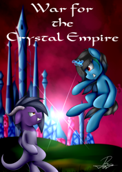 Size: 2480x3508 | Tagged: safe, artist:supermoix, derpibooru import, oc, crystal empire, epic, fanfic, fanfic art, fanfic cover, fight, glowing horn, magic, male, stallion, war