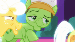 Size: 914x515 | Tagged: safe, derpibooru import, screencap, auntie applesauce, goldie delicious, granny smith, earth pony, pony, grannies gone wild, animated, elderly, eyebrow wiggle, female, mare