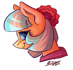 Size: 965x924 | Tagged: safe, artist:tu-kierownik, derpibooru import, coco pommel, earth pony, pony, bust, clothes, female, flower, flower in hair, looking at you, mare, profile, scarf, simple background, smiling, solo, transparent background