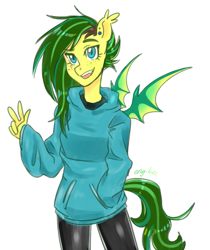 Size: 1009x1200 | Tagged: safe, artist:kaikururu, derpibooru import, oc, oc only, anthro, bat pony, anthro oc, bat pony oc, clothes, female, hoodie, mare, open mouth, pants, simple background, smiling, solo