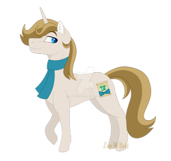 Size: 1600x1513 | Tagged: safe, artist:detoxx-retoxx, derpibooru import, oc, oc:pierre chic, unicorn, clothes, male, offspring, parent:donut joe, parent:rarity, parents:rarijoe, scarf, simple background, solo, transparent background, watermark