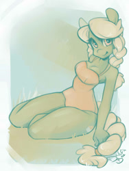 Size: 1500x2000 | Tagged: safe, artist:dahliabee, derpibooru import, granny smith, anthro, earth pony, adorasmith, braid, breasts, cleavage, clothes, cute, cutie mark, female, grass, hair, mane, mare, one-piece swimsuit, sepia, sexy, solo, stupid sexy granny smith, swimsuit, tail, young granny smith, younger