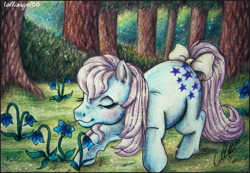 Size: 3080x2127 | Tagged: safe, artist:lolliangel00, artist:lolliangel123, derpibooru import, blue belle, earth pony, pony, g1, bow, colored pencil drawing, female, flower, forest, mare, pencil drawing, solo, tail bow, traditional art, tree, watercolor painting