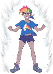 Size: 1800x2500 | Tagged: safe, artist:uc77, derpibooru import, oc, oc:rainbow feather, hippogriff, human, aura, clothes, cutie mark clothes, dragon ball z, humanized, interspecies offspring, magical lesbian spawn, mixed race, next generation, offspring, parent:gilda, parent:rainbow dash, parents:gildash, tanned