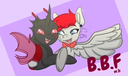 Size: 2336x1392 | Tagged: safe, artist:cottonbreeze, derpibooru import, oc, oc only, oc:cotton breeze, oc:rummy, bat pony, changeling, bat pony oc, best friends, changeling oc, cute, heart, hug, red changeling