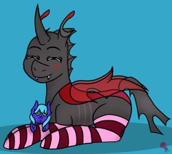 Size: 1485x1330 | Tagged: safe, artist:cottonbreeze, derpibooru import, oc, oc only, oc:cloudy, oc:rummy, changeling, changeling oc, clothes, cute, doll, happy, heart, plushie, red changeling, smiling, socks, striped socks, toy
