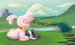 Size: 3382x2024 | Tagged: safe, artist:invertigo, derpibooru import, pom lamb, lamb, sheep, them's fightin' herds, bell, bell collar, bridge, collar, community related, puppy, river, scenery