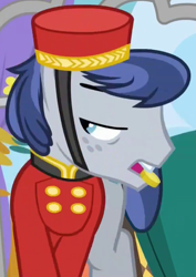 Size: 587x829 | Tagged: safe, derpibooru import, edit, edited screencap, screencap, welcome inn, grannies gone wild, animation error, bellhop pony, bits, cropped, mouth hold, no nose, solo