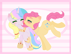 Size: 1399x1076 | Tagged: safe, artist:themisslittledevil, derpibooru import, oc, oc only, oc:bubble sweet, oc:sunshine bow, earth pony, pony, unicorn, blushing, female, licking, mare, tongue out