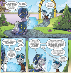 Size: 971x1003 | Tagged: safe, artist:tonyfleecs, derpibooru import, idw, star swirl the bearded, stygian, pony, unicorn, legends of magic, spoiler:comic, spoiler:comiclom11, canterlot, canterlot gardens, continuity, duo, magic, sin of pride, telekinesis