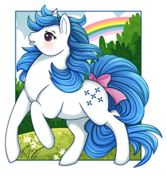 Size: 600x630 | Tagged: safe, artist:rapidashtrainer, derpibooru import, majesty, pony, unicorn, g1, bow, female, mare, rainbow, solo, tail bow