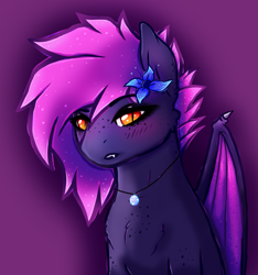 Size: 1541x1649 | Tagged: safe, artist:aaa-its-spook, artist:spook, derpibooru import, oc, oc only, oc:spook, bat pony, accessories, blushing, chest fluff, eyeliner, eyeshadow, fangs, female, freckles, jewelry, lipstick, looking at you, makeup, necklace, orange eyes, poison joke, purple mane, sitting, solo, wings