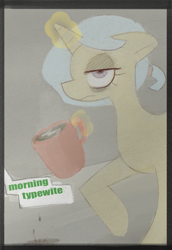 Size: 551x802 | Tagged: safe, artist:nignogs, derpibooru import, oc, oc only, bags under eyes, coffee, levitation, magic, offscreen character, solo, spilled drink, telekinesis, unamused