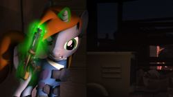 Size: 1920x1080 | Tagged: safe, artist:deviantxs, derpibooru import, oc, oc:littlepip, pony, unicorn, fallout equestria, 3d, action pose, clothes, fanfic, fanfic art, female, glowing horn, gun, horn, magic, mare, solo, source filmmaker, telekinesis, vault suit, weapon