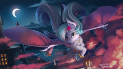 Size: 1920x1080 | Tagged: safe, artist:discordthege, derpibooru import, oc, oc only, oc:wistful galaxy, bat pony, pony, bat pony oc, bat wings, castle, cloud, colored hooves, commission, crescent moon, digital art, ear fluff, female, flower, flower in hair, flying, full moon, jewelry, looking at you, mare, moon, necklace, night, night sky, scenery, signature, sky, smiling, solo, spread wings, starry night, vertigo, windswept mane, windswept tail, wing claws, wings