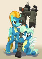 Size: 921x1280 | Tagged: safe, artist:buckweiser, derpibooru import, lightning dust, vapor trail, pegasus, pony, bipedal, clothes, commission, duo, female, hoof hold, mare, missile, mistral(manpads), rocket launcher, surface to air missile, uniform, weapon, wonderbolts uniform