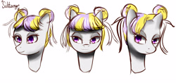 Size: 4250x2000 | Tagged: safe, artist:parody-of-eve, derpibooru import, oc, oc only, oc:siltsong, earth pony, pony, bust, hairstyles, my little pony, odango, portrait, purple eyes