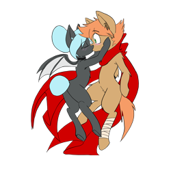 Size: 4000x4000 | Tagged: safe, artist:larrykitty, derpibooru import, oc, oc only, oc:himmel, oc:nightlilly, bat pony, earth pony, pony, bandage, bat pony oc, blushing, clothes, collar, colt, duo, eyes closed, female, filly, kissing, male, plot, scarf, simple background, transparent background