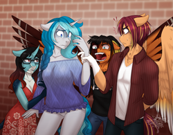 Size: 3823x2987 | Tagged: safe, artist:askbubblelee, derpibooru import, oc, oc only, oc:annie belle, oc:bubble lee, oc:daniel dasher, oc:sunstreak, anthro, dracony, hybrid, pegasus, unicorn, anthro oc, clothes, fangs, female, floppy ears, freckles, glasses, male, mare, off shoulder, open mouth, pants, shirt, stallion, story in the source, story included, uneasy