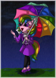 Size: 5100x7019 | Tagged: safe, artist:faerie-starv, derpibooru import, parasol (g1), anthro, earth pony, unguligrade anthro, g1, absurd resolution, female, rain, umbrella