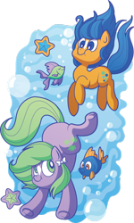 Size: 600x999 | Tagged: safe, artist:xkappax, derpibooru import, bubbles (g1), seashell (g1), fish, g1, bubble, g1 to g4, generation leap, simple background, star (coat marking), starfish, swimming, transparent background, underwater