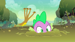 Size: 1440x809 | Tagged: safe, derpibooru import, screencap, spike, dragon, hydra, feeling pinkie keen, froggy bottom bog, multiple heads, sinking, splashing, swamp