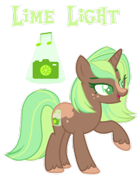 Size: 1024x1303 | Tagged: safe, artist:squeakshimi, derpibooru import, oc, oc:lime light, pony, unicorn, cutie mark, female, mare, offspring, parent:coloratura, parent:snapshot, simple background, solo, transparent background