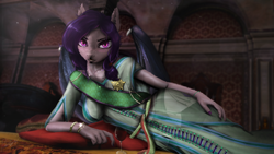 Size: 3690x2076 | Tagged: safe, artist:princeoracle, derpibooru import, oc, oc only, oc:tenebra von umbram, anthro, bat pony, 3d, anthro oc, bat pony oc, breasts, clothes, dress, female, gala dress, looking at you, mare, pillow, slit eyes, solo, source filmmaker