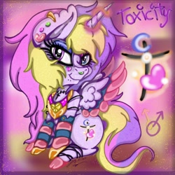 Size: 1024x1024 | Tagged: safe, artist:uneasyallen, derpibooru import, oc, oc:toxicity, alicorn, alicorn oc, femboy, male, scene kid, solo