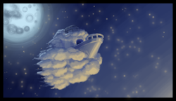 Size: 1560x896 | Tagged: safe, artist:nohbdy xiii, derpibooru import, airship, cloud, le soldat pony, mare in the moon, moon, no pony, stars