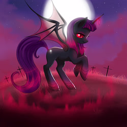 Size: 2222x2222 | Tagged: safe, artist:jacky-bunny, derpibooru import, oc, oc only, alicorn, bat pony, vampire, vampony, alicorn oc, bat pony oc, bat wings, cloud, cross, female, mare, moon, solo, stars, wings