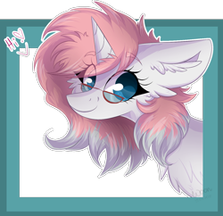 Size: 1286x1243 | Tagged: safe, artist:woonborg, derpibooru import, oc, oc only, oc:kasaimo, pony, unicorn, bust, cheek fluff, chest fluff, ear fluff, female, fluffy, glasses, looking at you, mare, picture frame, portrait, signature, simple background, smiling, solo, talking to viewer, transparent background