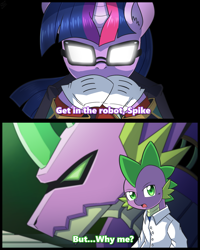 Size: 1200x1500 | Tagged: safe, artist:vavacung, derpibooru import, spike, twilight sparkle, dragon, robot, unicorn, clothes, female, gendo pose, gloves, male, neon genesis evangelion, scary shiny glasses