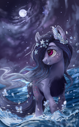 Size: 1000x1600 | Tagged: safe, artist:rossignolet, derpibooru import, oc, oc only, earth pony, pony, belly fluff, blank flank, chest fluff, cloud, dappled, female, flower, flower in hair, mare, moon, night, ocean, smiling, solo, stars, water