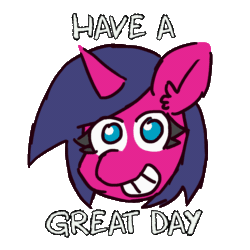 Size: 1400x1400 | Tagged: safe, artist:threetwotwo32232, derpibooru import, oc, oc only, oc:fizzy pop, pony, unicorn, animated, female, grin, hotline miami, looking at you, mare, motivational, simple background, smiling, solo, text, transparent background