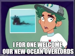 Size: 512x384 | Tagged: safe, derpibooru import, edit, edited screencap, screencap, timber spruce, equestria girls, equestria girls series, unsolved selfie mysteries, beach, floaty, i for one welcome our new overlords, image macro, kent brockman, lifeguard timber, male, meme, the simpsons