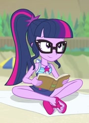 Size: 372x516 | Tagged: safe, derpibooru import, sci-twi, twilight sparkle, better together, equestria girls, forgotten friendship, book, cute, feet, flip-flops, sandals, solo, twiabetes