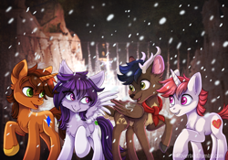 Size: 1024x717 | Tagged: safe, artist:ketty, derpibooru import, oc, oc only, oc:arny, deer, pegasus, pony, reindeer, unicorn, clothes, colored hooves, derpfest, horn, mountain, neckerchief, pegasus oc, raised hoof, scarf, snow, unicorn oc, unshorn fetlocks, wings