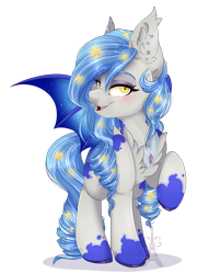 Size: 1024x1341 | Tagged: safe, artist:pvrii, derpibooru import, oc, oc only, oc:midnight radiance, bat pony, pony, bat pony oc, colored hooves, ethereal mane, female, mare, raised hoof, simple background, smiling, solo, starry mane, transparent background