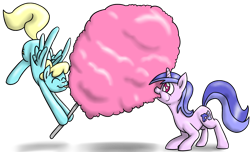 Size: 1650x1000 | Tagged: safe, artist:timsplosion, derpibooru import, sassaflash, sea swirl, seafoam, pegasus, pony, unicorn, background pony, commission, cotton candy, cute, eyes closed, female, flying, hoof hold, mare, puffy cheeks, simple background, tongue out, transparent background