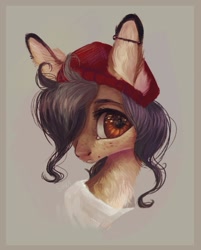 Size: 835x1037 | Tagged: safe, artist:sarkarozka, derpibooru import, oc, oc only, pony, beanie, bust, chest fluff, ear piercing, earring, femboy, freckles, hat, jewelry, looking at you, male, piercing, portrait, simple background, solo