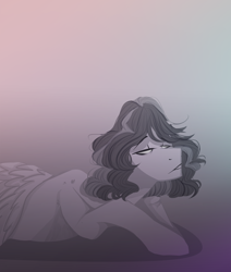 Size: 1950x2300 | Tagged: safe, artist:blueomlette, derpibooru import, pegasus, pony, black and white, depressed, grayscale, lying down, monochrome, solo