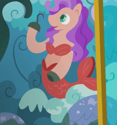 Size: 1005x1080 | Tagged: safe, derpibooru import, screencap, mermaid, merpony, grannies gone wild, amputee, backdrop, bikini, clothes, cropped, hook hand, prosthetics, rock, scenery, sight gag, stage, swimsuit, wave