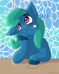 Size: 500x625 | Tagged: safe, artist:fuzzypones, derpibooru import, blushing, colored, dreamy, male, patch, solo, tooth