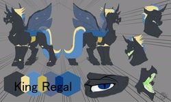 Size: 2208x1325 | Tagged: safe, derpibooru import, oc, oc:king regal, changeling, blue changeling, changeling king, changeling oc, chitin, eye, male, realistic, reference sheet, solo, yellow changeling