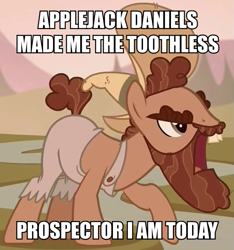 Size: 609x652 | Tagged: safe, derpibooru import, edit, edited screencap, screencap, earth pony, pony, the hooffields and mccolts, applejack daniel's, beard, clothes, cropped, facial hair, grub hooffield, hat, hooffield family, image macro, male, meme, solo, stallion