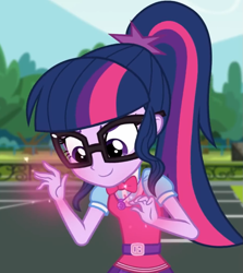 Size: 919x1031 | Tagged: safe, derpibooru import, screencap, sci-twi, twilight sparkle, eqg summertime shorts, equestria girls, get the show on the road, cropped, female, geode of telekinesis, magic, ponytail, solo
